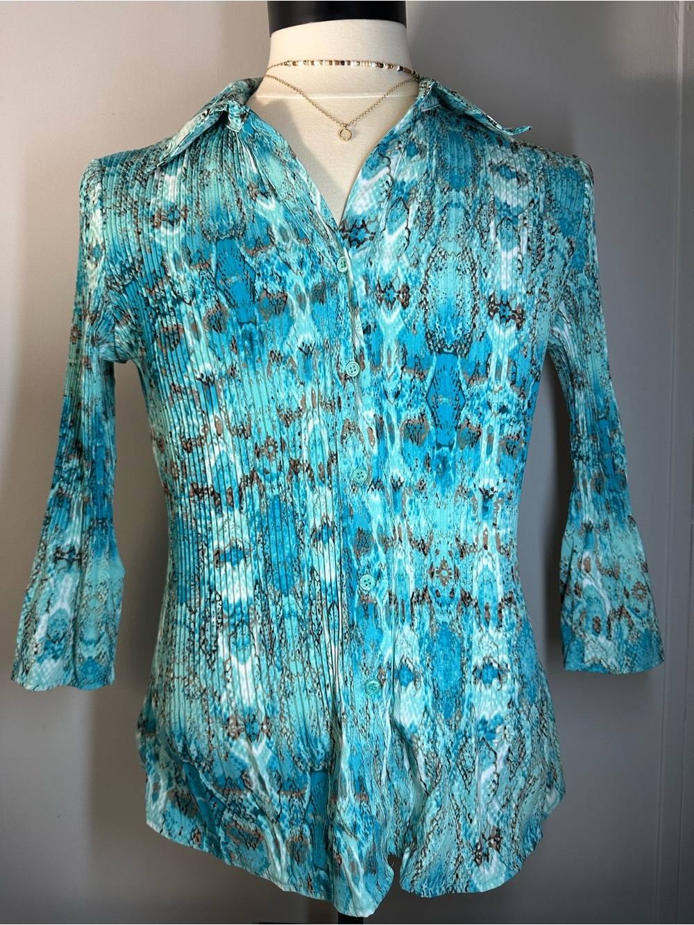 Fred David Turquoise and Brown Patterned Button-Front Top